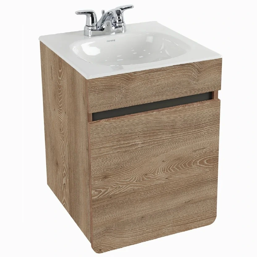 Combo Renueva: Sanitario Ecoclean Alongado Blanco De 2 Piezas + Mueble Aluvia Miel Elevado 45 Cm Con Lavamanos + Grifería Aluvia 4 Pulgadas Corona